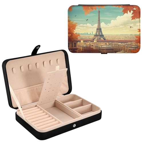 Haskirky Eiffel Tower Autumn Jewelry Box Portable PU Leather Travel Jewelry Organize for Women Jewelry Storage Display Holder for Ring, Necklace, Earring