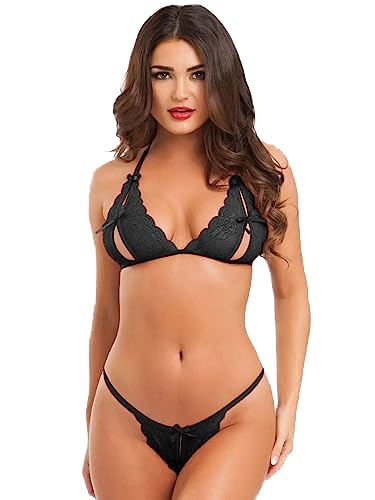 Image of FIMBUL Lingerie for Women Lace Bra and Panty Set 3 Piece Lingerie Sexy Set with Mesh Skirt Honeymoon /First Night /Anniversary Bridal Nightdress