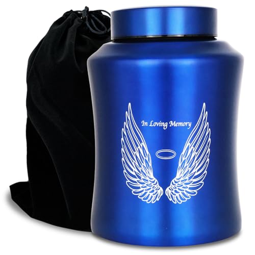 CHIEMOT Up to 160 lbs Large Cremation Urns for Adult Human Ashes, Angel Wings in Loving Memory Decorative Funeral Burial Urn for Male Female Ashes with Velvet Bag(Blue)