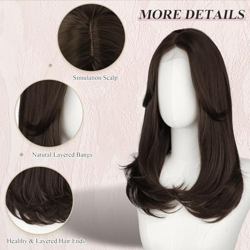 Image of FESHFEN Lace Front Hairline Wigs with Bangs, Synthetic Natural Looking Long Layered Straight Hair Wig for Women Daily Party Costume, 18 inch Natural Black