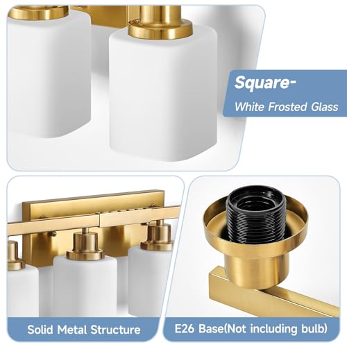Image of Bathroom Vanity Light,8-Light Brushed Gold Bathroom Light Fixtures with Square Frosted Glass, 51in Gold Wall Lamp Sconces for Mirror Bedroom,Living Room Hallway,E26