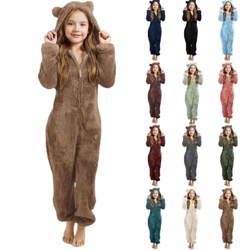 Generisch Pyjama Mädchen Fleece Einfarbig Schlafanzug mit Kapuze und Reißverschluss Overall Weich Bequem Onesie Warm Plüsch Jumpsuit Einteiler Schlafoverall Kinder Von 3 Bis 12 Jahre