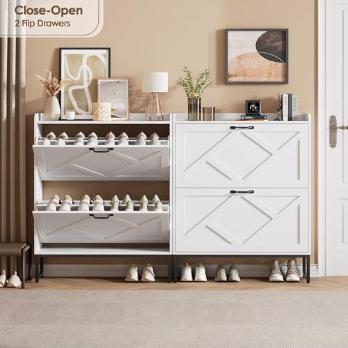 Image of Nicetree Shoe Cabinet with 2 Flip Drawers, Freestanding Shoe Organizer, Shoe Cabinet with Metal Legs, Narrow Shoe Rack Cabinet for Entryway, Foyer, Hallway, White