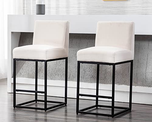 Image of HNY Modern Counter Height Bar Stools Set of 6, Linen Upholstered Kitchen Island Stools with Backrest, 27 Inch Bar Stools with Black Metal Frame, Cream