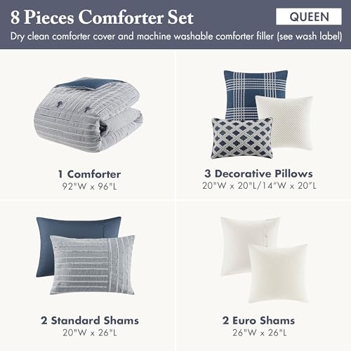 Image of Madison Park Queen Comforter Cotton Clipped Jacquard, Oversized Comforters Queen Size Bed, All Season Down Alternative Overfilled Queen Size Comforter, Essence, Full /Queen, Blue 8 Piece