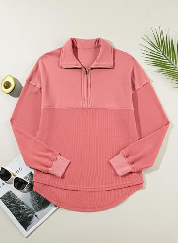 SHEWIN Womens Sweatshirts Casual Waffle Knit Tops Half Zip Pullover Long Sleeve Shirts Quarter Zip Trendy Fall Outfits Oversized Clothes 2025 X-Large Brick Red