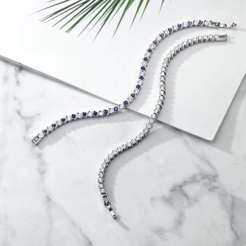 Gem Stone King 2 Piece Round White Cubic Zirconia and Simulated Blue Sapphire Set of 2 Tennis Bracelets for Women 4.50 Ct Each, 7 Inch Length4