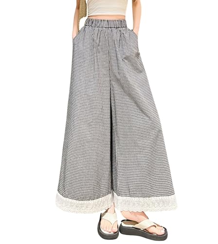 chouyatou Women's Elastic Waist Plaid Pants Lace Trim Wide Leg Capri Palazzo Pants Culottes with Pockets