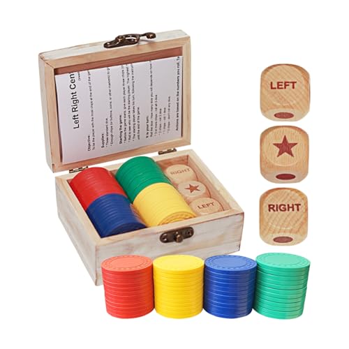 Left Right Center Dice Game Set, 3 1-inch Wood Dice and 48 Thicker Chips in Wooden Storage Box, Portable Travel Dice Games for Family & Friends, White