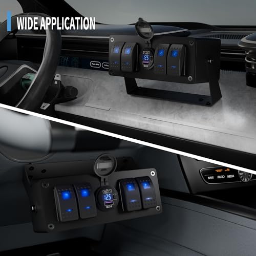 Image of Joinfworld 4 Gang Rocker Switch Box 12V SPST ON /Off Marine Switch Panel 12 Volt Waterproof Blue LED Light Bar with Dual USB Outlet PD3.0 & QC3.0 Car USB Port for Boat Automotive Car Truck RV UTV