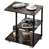 Rolling Sofa Side Table, Bamboo End Table with Wheels, Mobile Snack Coffee Table with 3-Tier Storage Shelves for Living Room Bedroom Small Spaces