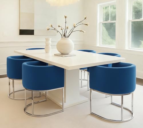 Image of HNY Mid Century Modern Upholstered Barrel Dining Chairs with Arms Set of 2, Velvet Kitchen & Dining Room Chairs, 18.5 inch Wide Accent Chairs for Dining Room Living Room with Chrome Metal Frame, Blue