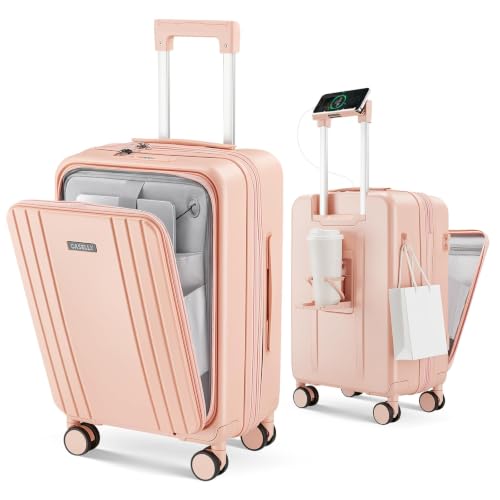 Image of Carry on Luggage Top opening Suitcases, Expandable with Cup&Phone Holder and USB Charging Port,Hardside with Front Pocket Rolling Suitcases with Spinner Wheels & YKK Zippers (Pink, 20 Inch)