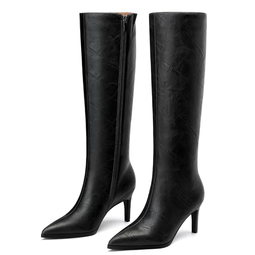 Image of ROSERWISH Women's Knee High Boots Pointed Toe Low Kitten Heel Tall Boots Comfortable Casual Fall Long Boots With Side Zipper