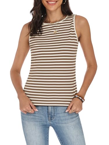 COCCKO Tank Top for Women 2026 High Neck Spring Sleeveless Striped Shirt Hollow Out Dressy Casual Camisole Tops Khaki L by COCCKO - Used condition - Image 10