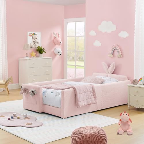 Image of Twin Size Kids Bed with Rabbit Ear Headboard, Upholstered Boucle Fabric Twin Daybed with Slats Support & Side Pockets, Space-Saving Wooden Corner Sofa Couch Bed Frame for Girls, Boys, Teenager(Pink)