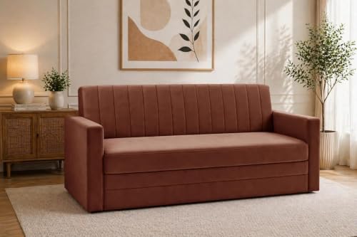 Image of Modern Velvet 3 Seater Sofa Cum Bed with Armrest, Convertible Sleeper Couch Sofa for Living Room, Bedroom & Office - Brown Color