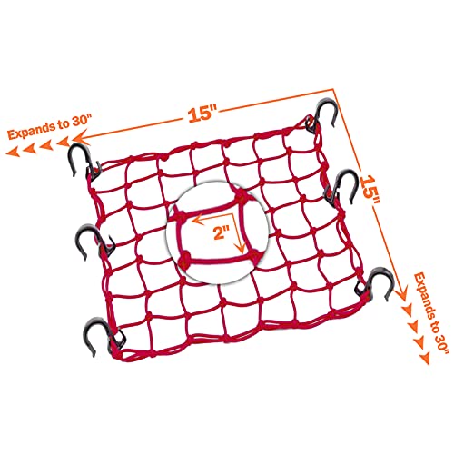 Zuoze Small Cargo Net 15"X15" Stretches To 30"X30" With Thicken Hooks | Natural Latex Core, Tight 2”X2” Mesh Heavy Duty Bungee Net For Motorcycle Helmet, Bike, Atv, Utv, Luggage (Red, 1 Pack) #TOP1