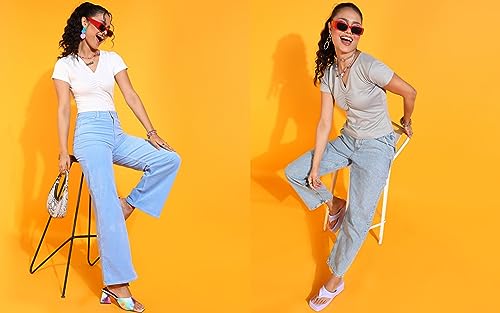 Image of POPWINGS Casual Solid V-Neck Short Sleeves Summer Wear Tops Combo for Women