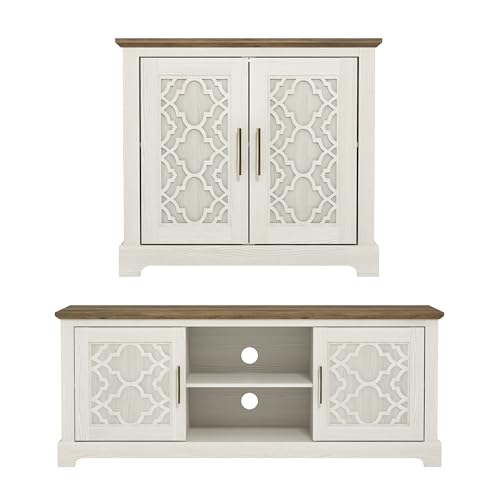 Galano Enfield 2 Piece Living Room Storage Set – TV Stand & 2 Door Sideboard – Engineered Wooden Cabinets for Lounge & Media Storage Unit - Cream Oak