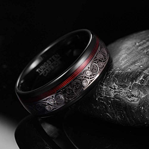 Vakki 8mm Black Tungsten Ring for Men with Celtic Spiral and Red Guitar String Inlaid Wedding Band Comfort Fit Size 7-12.53