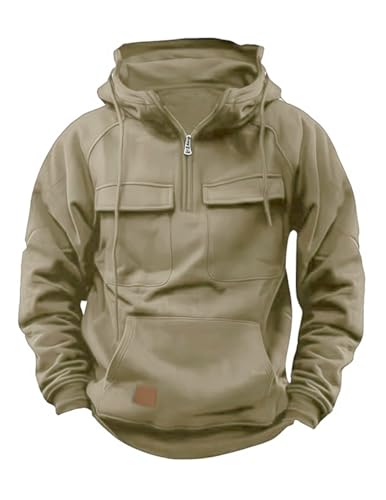 Volemo Mens Hoodies Zip up Cotton Cargo Hoodie Tactical Hooded Sweatshirt Long Sleeve Tops Hoody with Pockets Khaki L