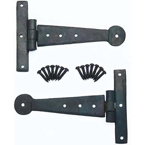 Pair of 6" Black Wrought Iron T Hinges - 15cm Strong, Hand-Forged Hinges with a Beeswax Finish Cover