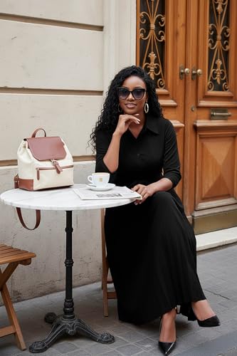 Image of Runwind Maxi Dresses for Women, 3 /4 Sleeve Botton Down Pleated Long Dress with Belt Casual Church Dress with Pockets