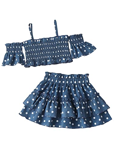 Image of WDIRARA Toddler Girl's 2 Piece Polka Dots Ruffle Cold Shoulder Flounce Sleeve Top Flared Hem Skirt Set