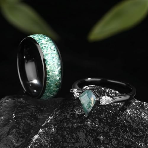 Moss Agate Couple Rings - Wedding Ring Set - Promise Ring for Her - Moss Agate Ring for Woman - Engagement Rings - Wedding Birthday Gifts4