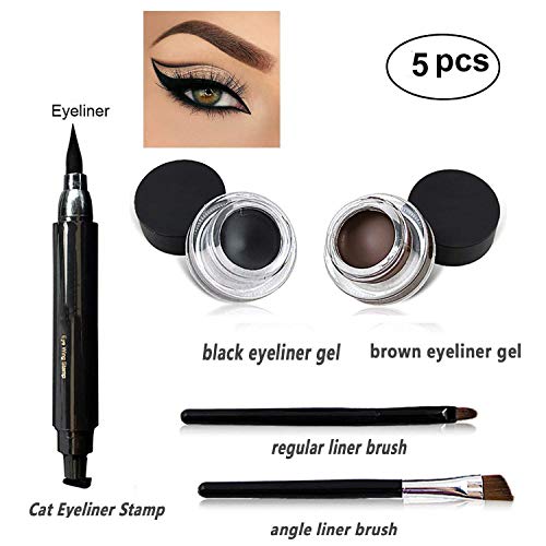 Eyeliner Stamp Kit Latest For Easy Cat Eyes Winged Eyeliner Stamp Water Proof Smudge Proof Black and Brown Eyeliner Gel 5 pcs Set With 2 Pieces Eye Makeup Brushes Lemoncy