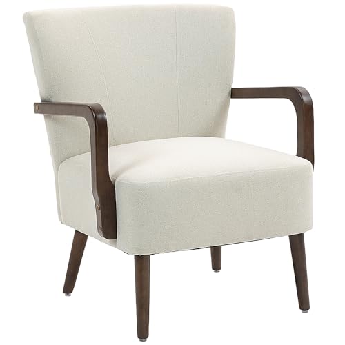 HOMCOM Accent Chair with Wooden Legs, Upholstered Linen Fabric Armchair with Wide Back and Thick Padding, Modern Comfy Chair for Living Room, Bedroom, Cream White