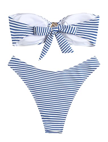 Image of ZAFUL Women's Bandeau Bikini O Ring Strapless Tie Back High Cut Two Piece Swimsuit Bathing Suits