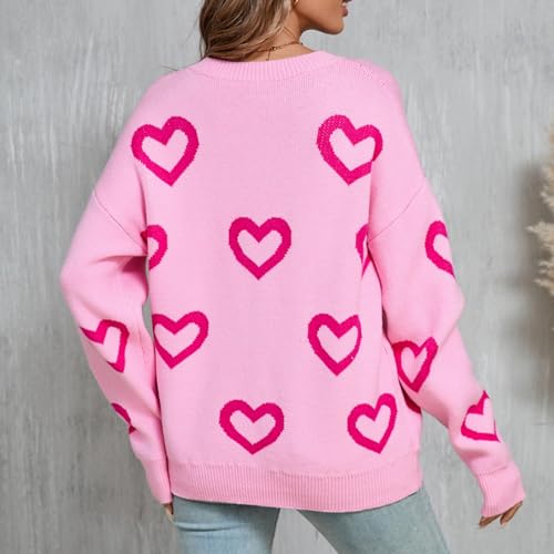Image of Women Y2k Valentines Oversized Knit Sweater Heart Print Long Sleeve Crew Neck Loose Pullover Tops Streetwear