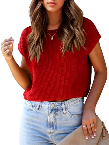 Image of Saodimallsu Womens Cap Sleeve Crop Tops Summer Trendy Going Out Crew Neck Loose Knit Cropped Sweater Vest Tank Top