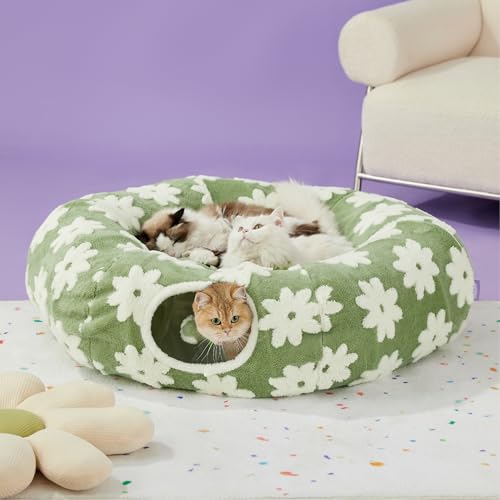 Image of Lesure Large Cat Tunnel Bed - Cute Donut Bed for Indoor Cats with Washable Circle Cushion, Round Pet Peekaboo Cave Toy for Multi Kitten /Puppy /Rabbit, Large Flower Garden Green