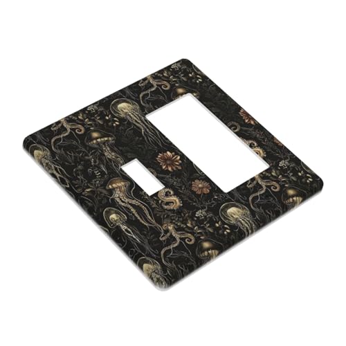 Decorative Outlet Covers Black Gold Jellyfish Squid Deep Sea Creatures 2 Gang Outlet Cover Wall Plate Single Toggle Rocker Light Switch Cover Plate Switch Plate Covers for Home Decor