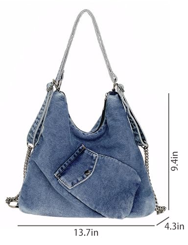 Large Denim Tote Hobo Bag for Women, Jean Purse Shoulder with Adjustable Strap(Blue)3