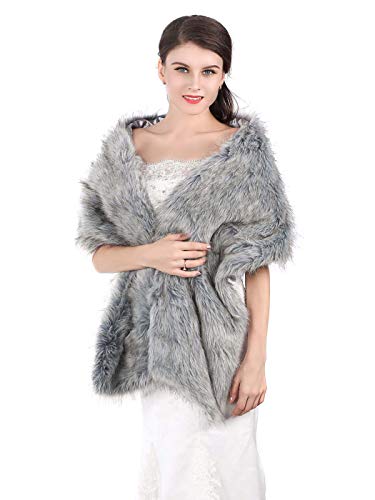 Aukmla Faux Fur Shawl Wedding Fur Wraps and Shawls Bridal Fur Stole Winter Cape Shrug for Brides and Bridesmaids (Grey)