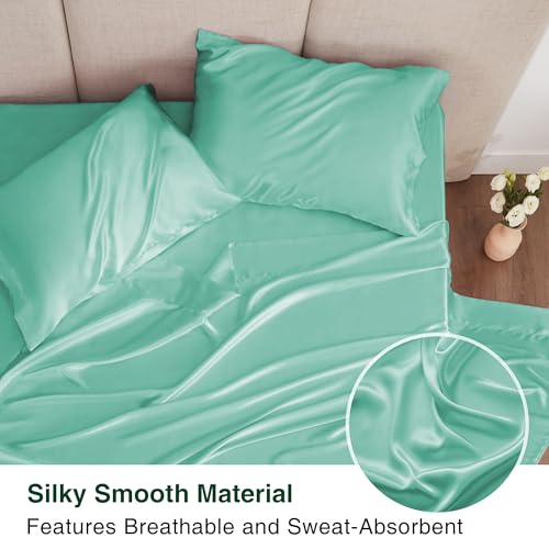 Love's cabin Twin Satin Sheets Sets - 3 Piece Aqua Silky ed Sheets with Deep Pockets, Luxury Silk Feel Satin Twin Size Sheet Set Bedding Set (1 Flat Sheet,1 Fitted Sheet,1 Pillow case)