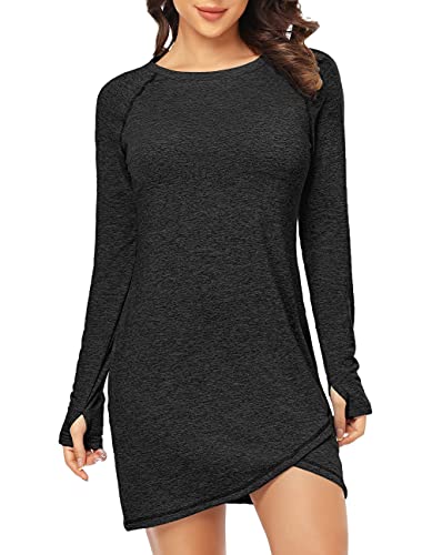 Cestyle Hiking Dress for Women, Round Neck Long Sleeve Cover-Up Dresses Activewear Beach Outdoor Cross Hem Shirts Clothes Lightweight Athletic Yoge Running Tee Black X-Large
