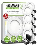 HAGEMANN® 9 x LED Einbaustrahler dimmbar IP44 6 Watt 420lm Ø 105 mm Bohrloch 230V spritzwassergeschützte Badezimmer Einbauleuchte ultra flach 26mm Einbautiefe