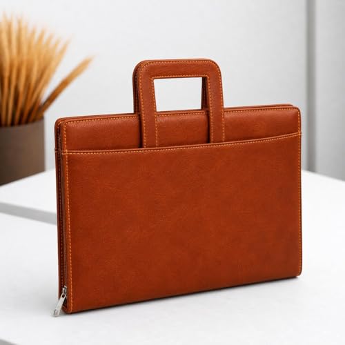 Image of STREPE ZK TAN Leather File Organizer Bag with Handle, Zipper Portfolio Folder for Documents, Certificates, Cards & Tablet, Office Business Travel Case for Men & Women