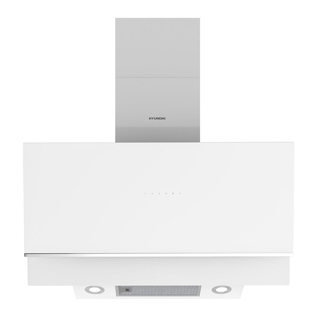 Hyundai Campana Extractora Inclinada 90cm Cristal blanco HCPD900AB. Potencia 253m3/h, Tiro Doble, 4 Velocidades, Control Táctil, Filtro apto para Lavavajillas.