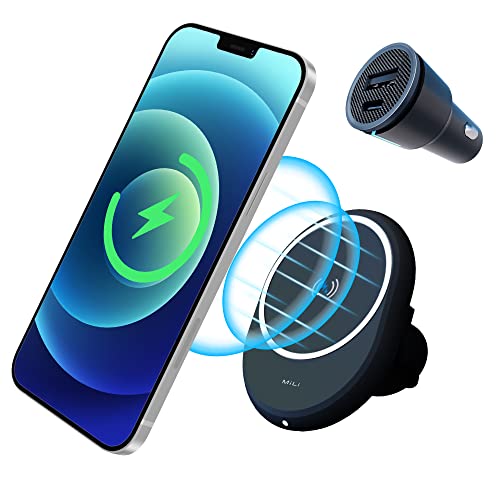 MiLi Magnetic Wireless Car Charger, 15W Wireless Charger Compatible with MagSafe for iPhone 12/13, Phone Case Friendly Magnetic Charger for Car Air Vent Magnetic Charger (Black)