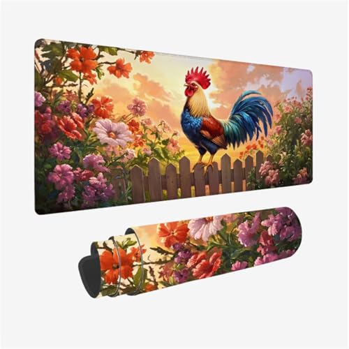 Alfombrilla Ratón XXL Gaming 1400 x 600 x 3mm Grande Alfombrilla Ratón Gallo Mousepad Flor Diseño con Base de Goma Antideslizante y Bordes Cosidos para Decoracion Escritorio, Regalo Hombre,Model612