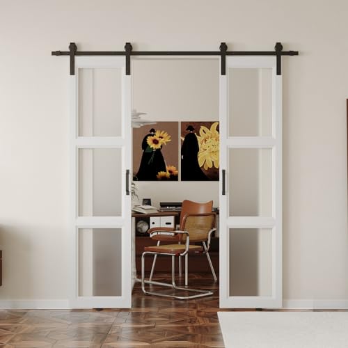 ARKHJEM White Double Sliding Barn Door - 42''×84'' (Double 21×84 Door) Frosted 3 Panel Glass Barn Doors Sturdy Durability Double Barn Doors with Hardware Need to Assemble Suitable for Living Room