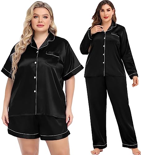 Image of SWOMOG Women Plus Size Pajama Set 4pcs Silk Satin Sleepwear Button Down Pjs Cami Shorts Set Loose Loungewear 16W-26W