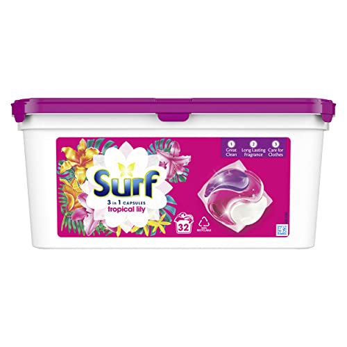 Surf Tropical Lily 3 in 1 capsules with long lasting fragrance Washing Capsules for brilliantly clean laundry every time 32 Washes