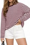 CHYRII Women Oversized Striped Long Sleeve T Shirts Fashion Casual Fall Spring 2026 Y2K Tops (Pink+Coffee M)
